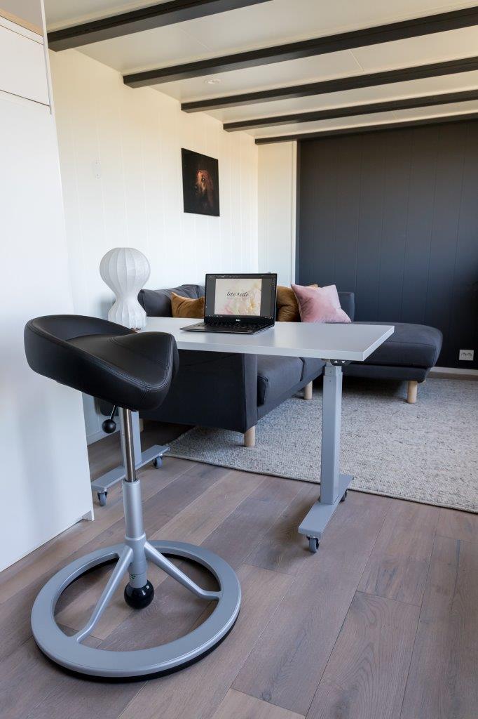 Backapp Smart Minihus stue. Ergonomisk stol og hev og senk skrivebord